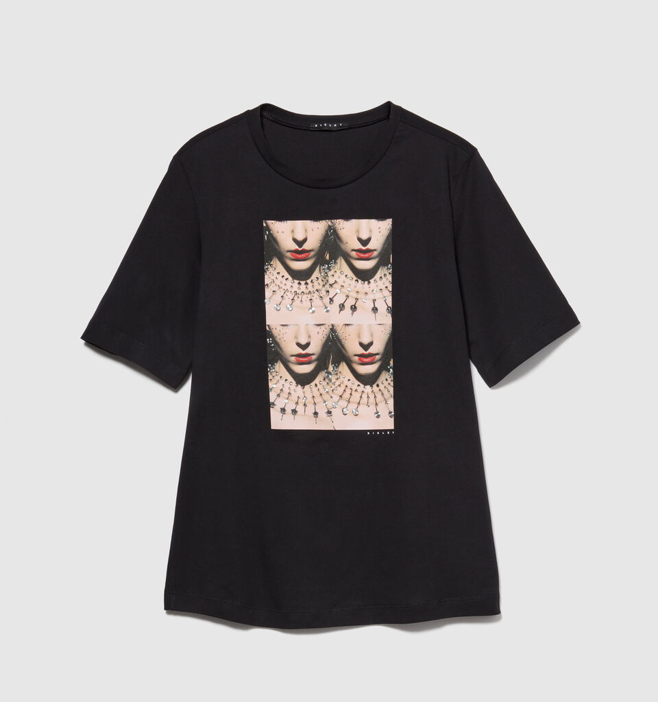 T-shirt with print and studs - women's short sleeve t-shirts - Black | Sisley image number 6